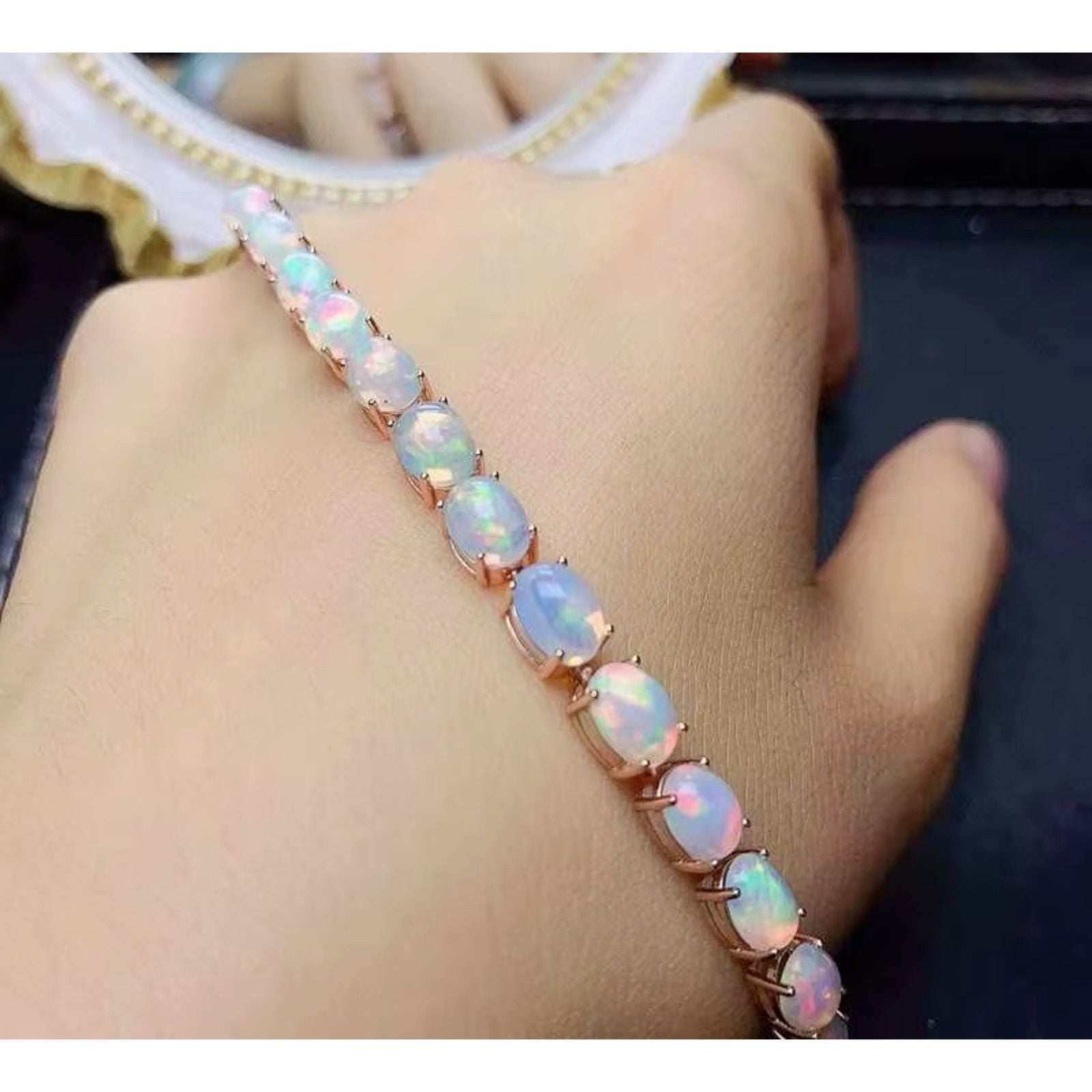 Fire Opal Bracelet, Natural Australian Fire Opal Tennis Bracelet Sterling Silver