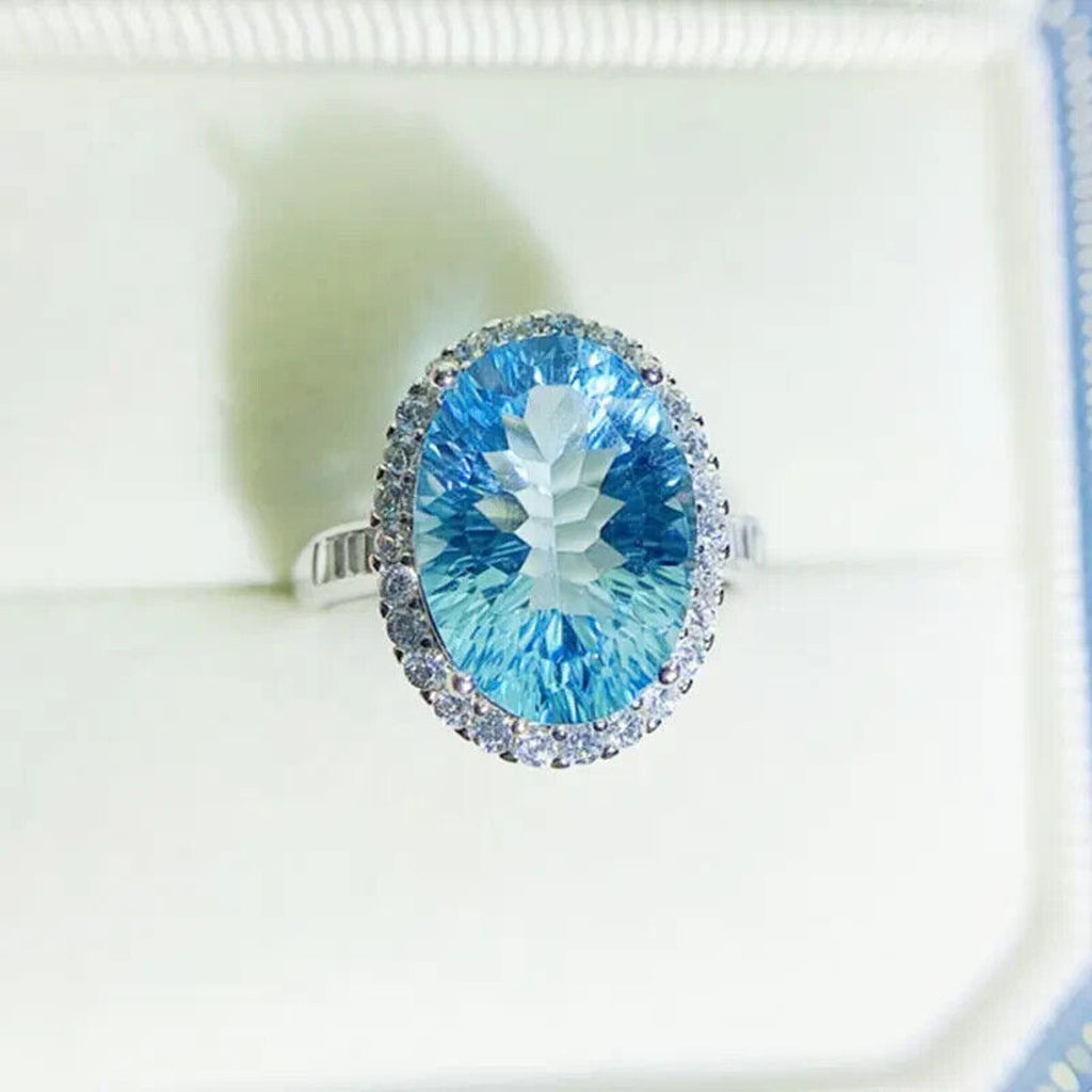 Swiss Blue Topaz Statement Ring, Natural Blue Topaz Gemstone Ring 10x14mm 9CT