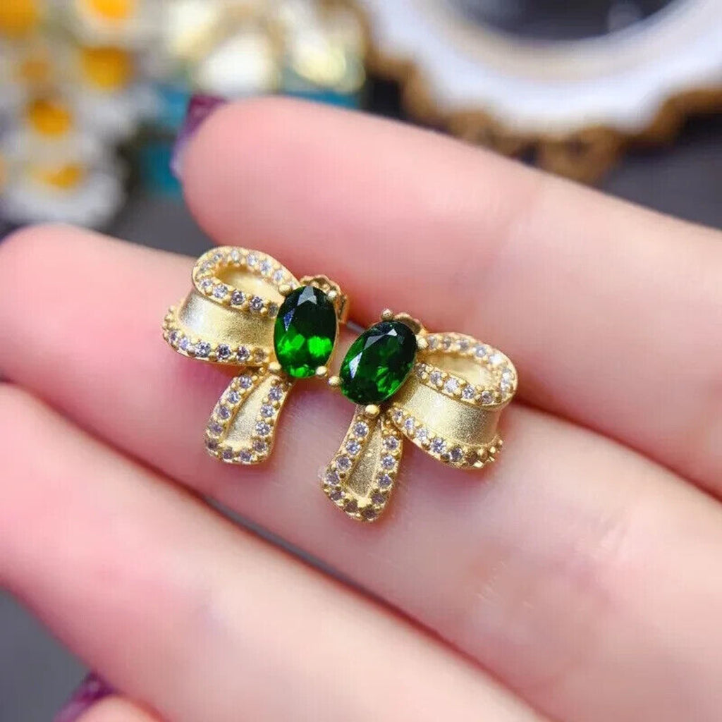 Chrome Diopside Bowknot Stud Earrings, Chrome Diopside Gold Stud Earrings 4x6mm