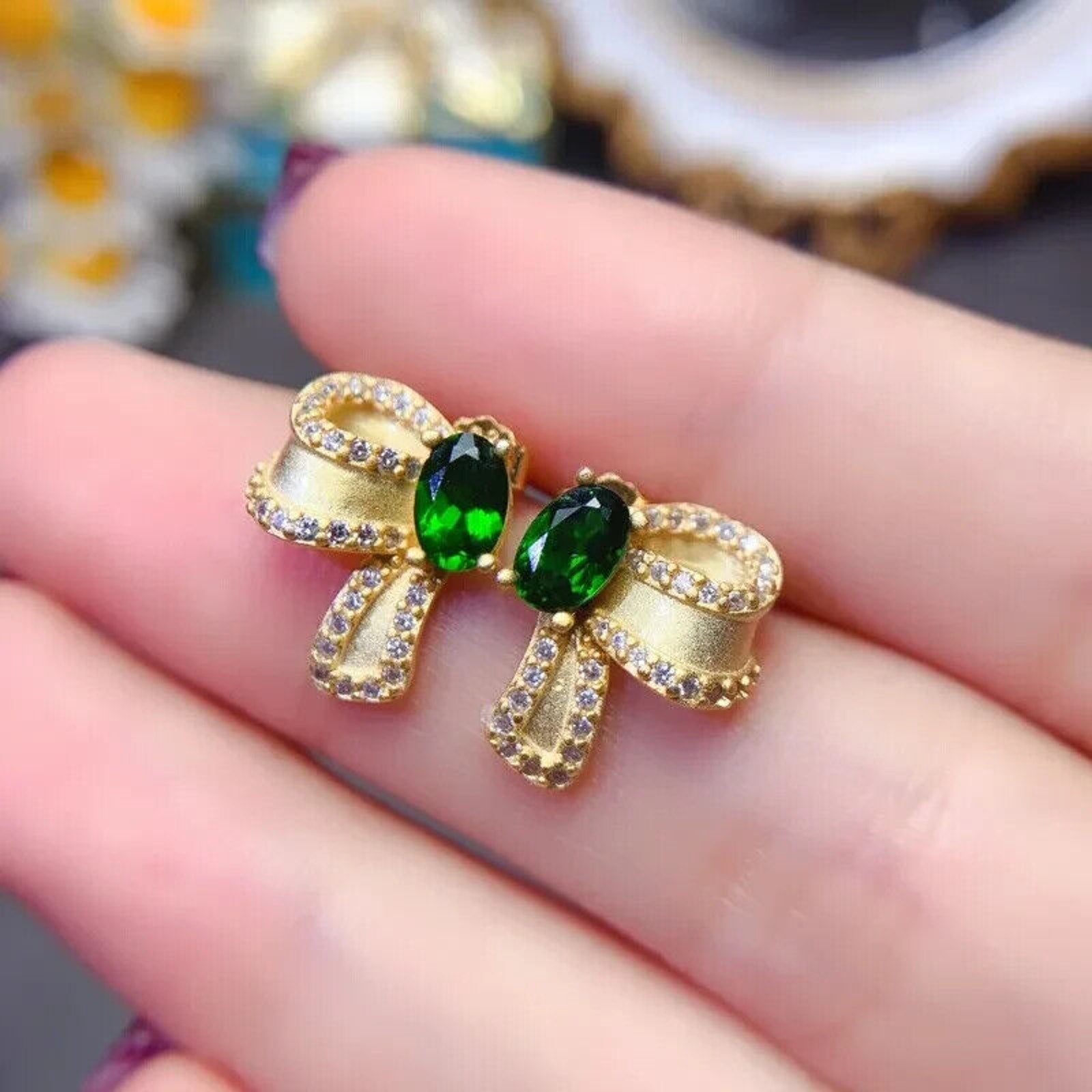 Chrome Diopside Bowknot Stud Earrings, Chrome Diopside Gold Stud Earrings 4x6mm