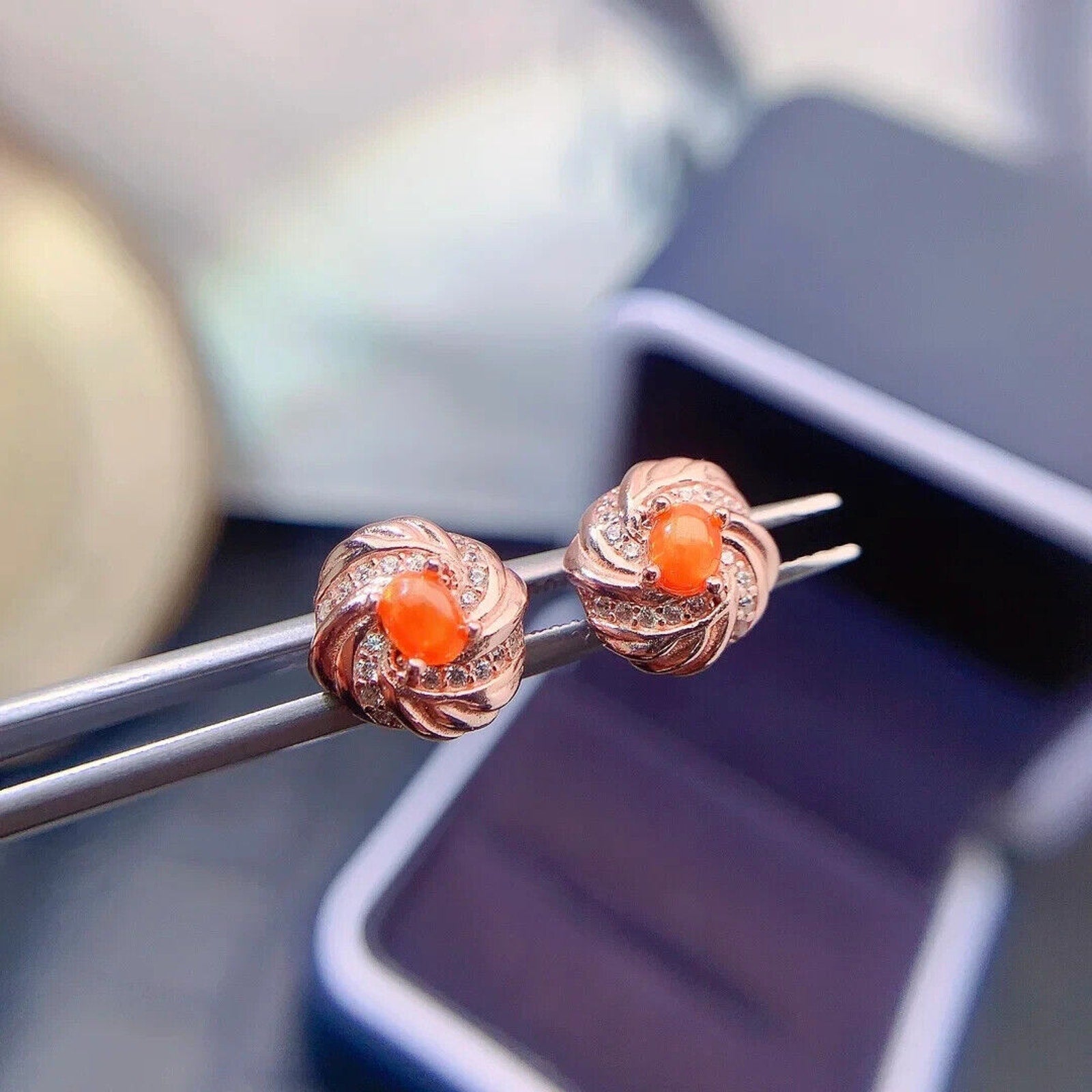Natural Orange Fire Opal Stud Earrings 3x4mm Sterling Silver, Orange Opal