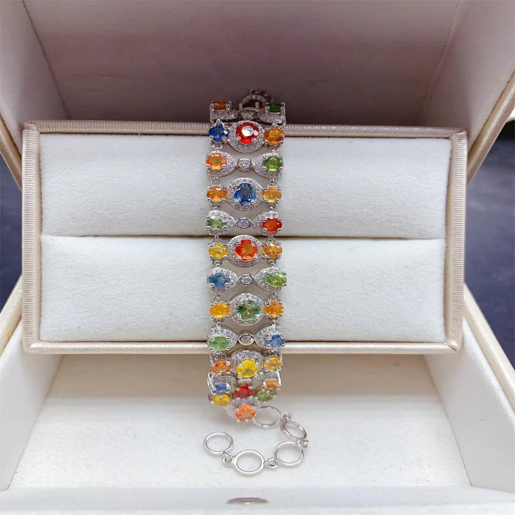 Colorful Sapphire Gemstone Tennis Bracelet, Natural Sapphire Bracelet Silver