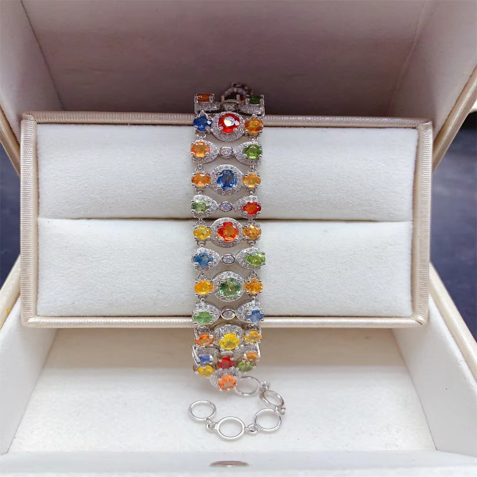 Colorful Sapphire Gemstone Tennis Bracelet, Natural Sapphire Bracelet Silver