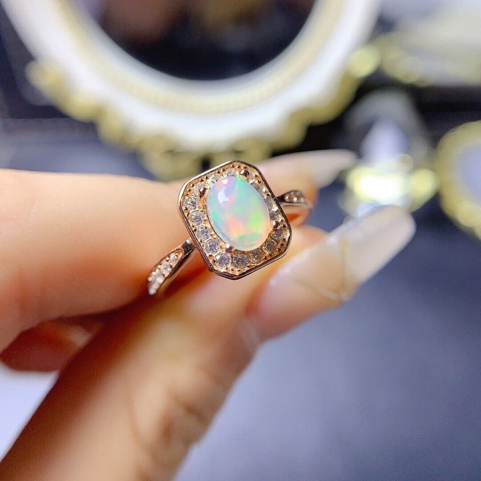 Dainty Fire Opal Gemstone Ring 5x7mm