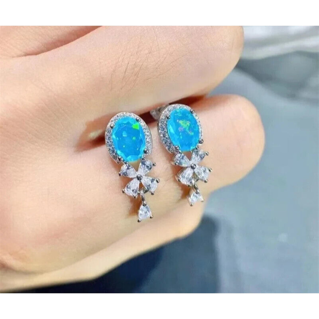 Blue Opal Banquet Stud Earrings, Natural Blue Fire Opal Stud Earrings 5x7mm