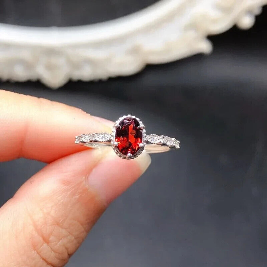 Dainty Red Garnet Cocktail Ring 5x7mm Platinum Plated 925 Sterling Silver