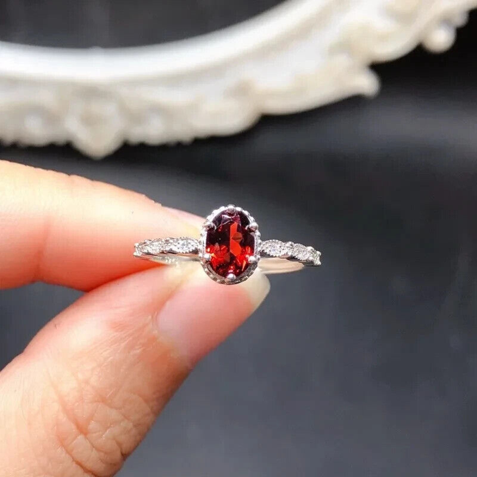 Dainty Red Garnet Cocktail Ring 5x7mm Platinum Plated 925 Sterling Silver