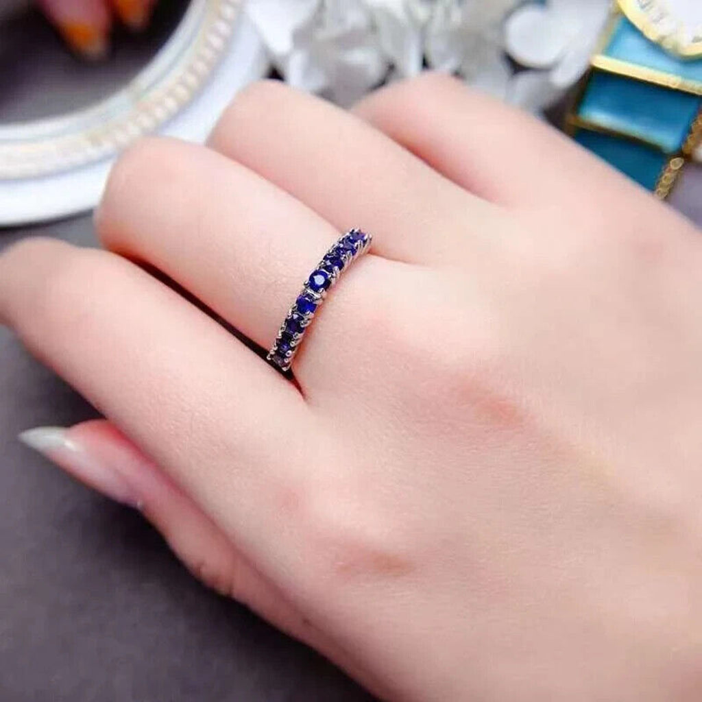 Women's Blue Sapphire Band Ring, Natural Sapphire Band Ring Half Eternity Ring