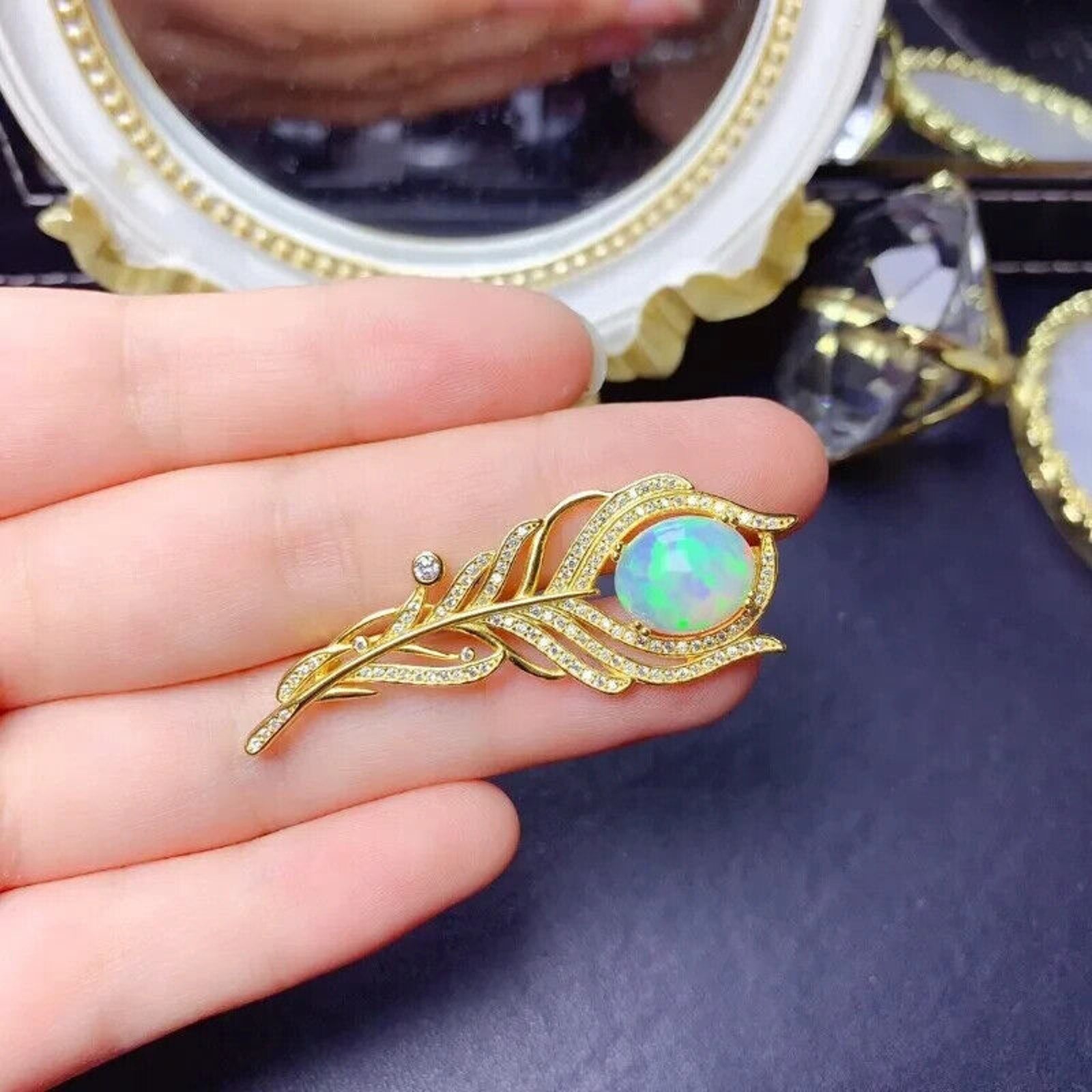 Australian Opal Feather Brooch Pin, Women's Natural Opal Brooch Sterling Silver