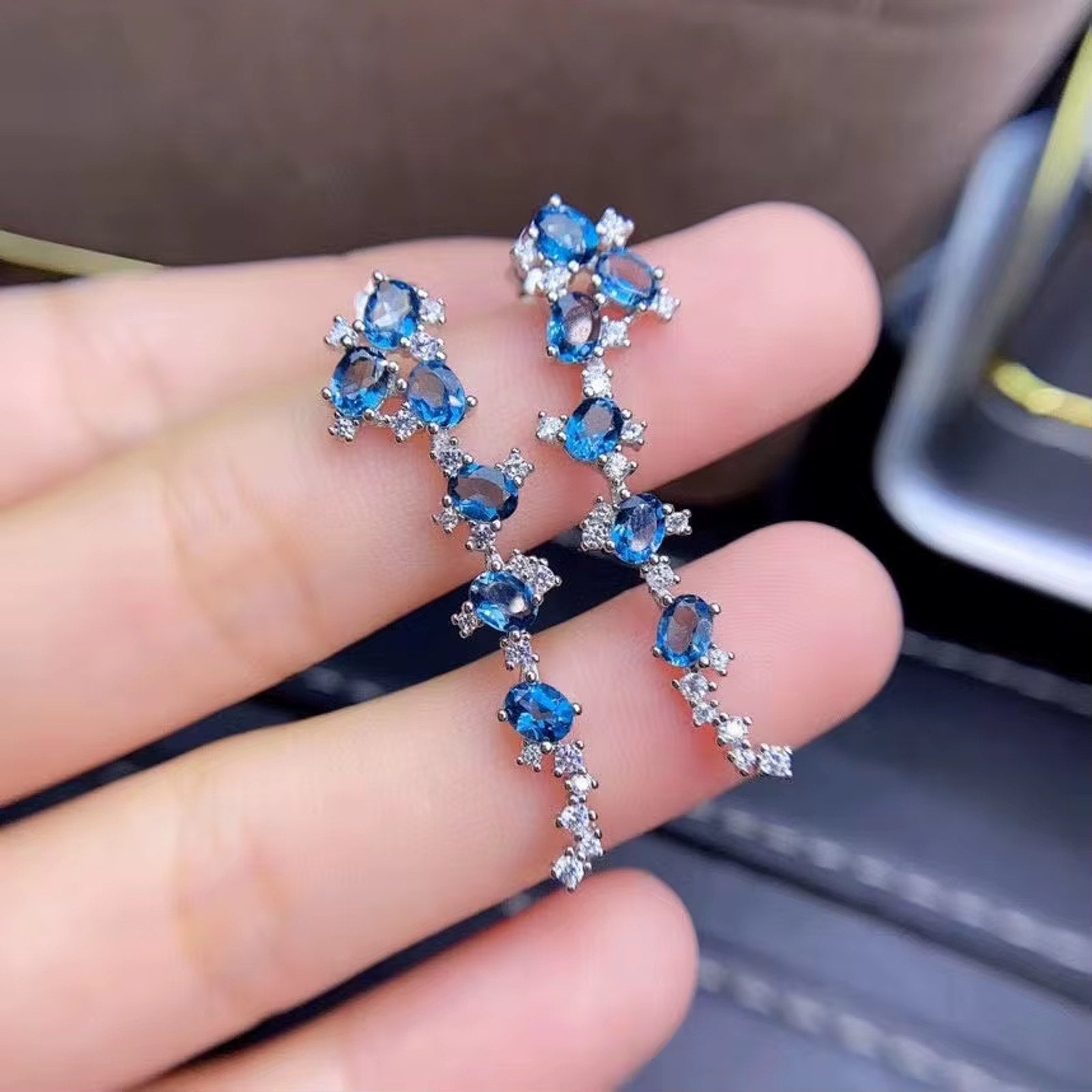 London Blue Topaz Cluster Earrings 925 Sterling Silver 3x4mm