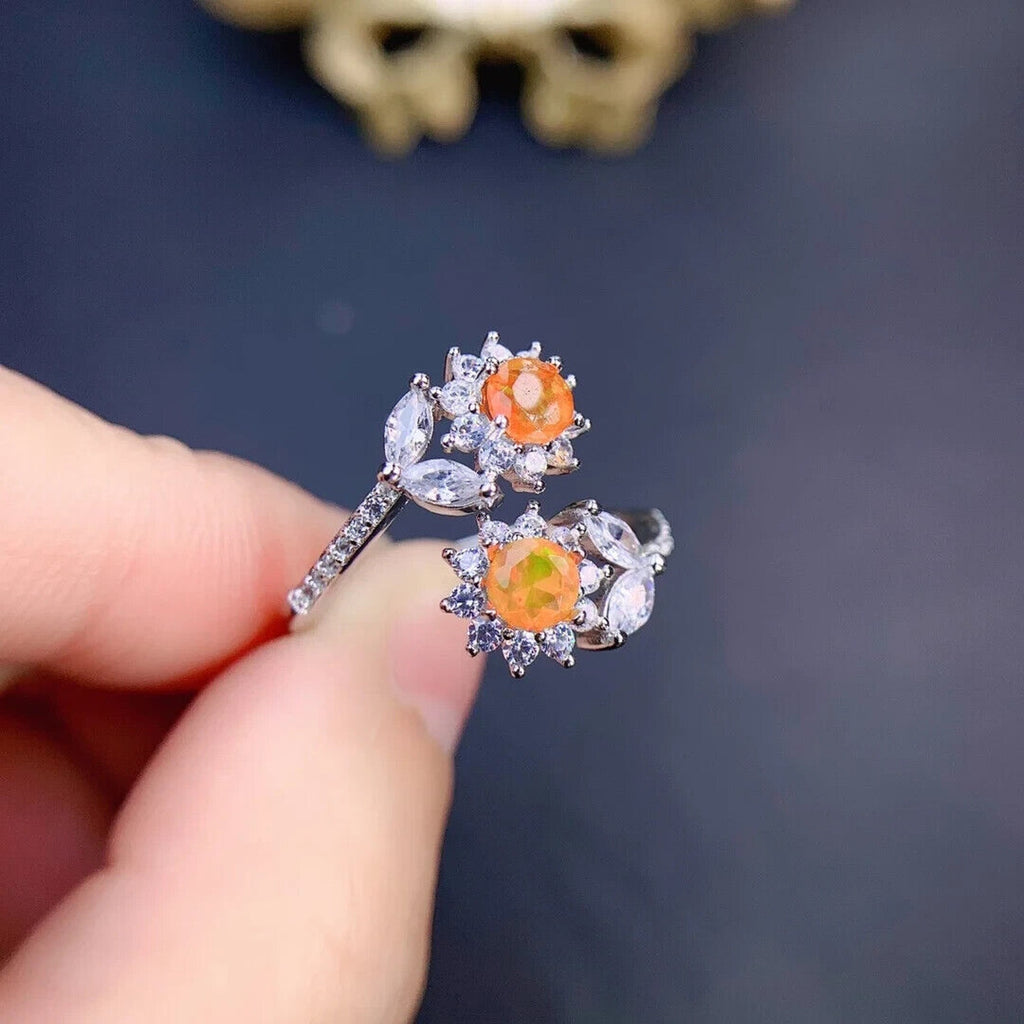 Orange Fire Opal Dainty Flower Ring, Natural Orange Opal Cluster Ring Sterling