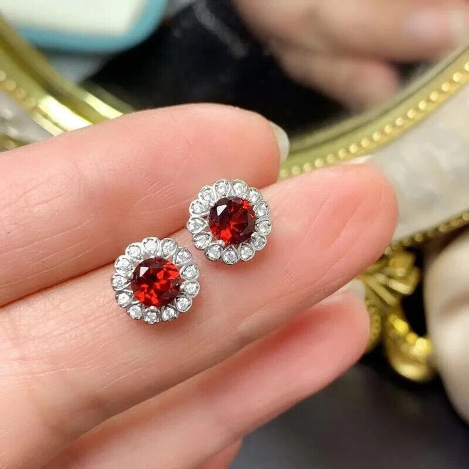 Round Garnet Cluster Earrings Round 5mm Platinum Plated