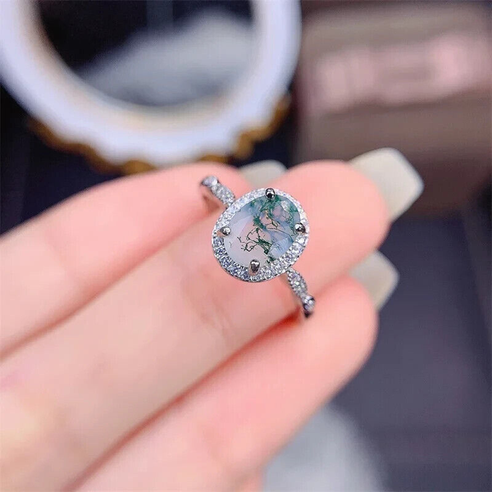 Dainty Moss Agate Gemstone Ring, Natural Moss Agate Sterling Silver Ring