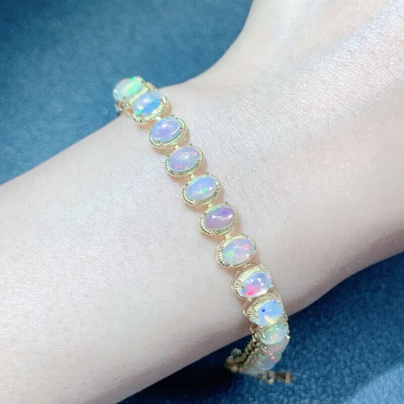 White Fire Opal Gemstone Bracelet, Natural Opal Tennis Bracelet Sterling Silver