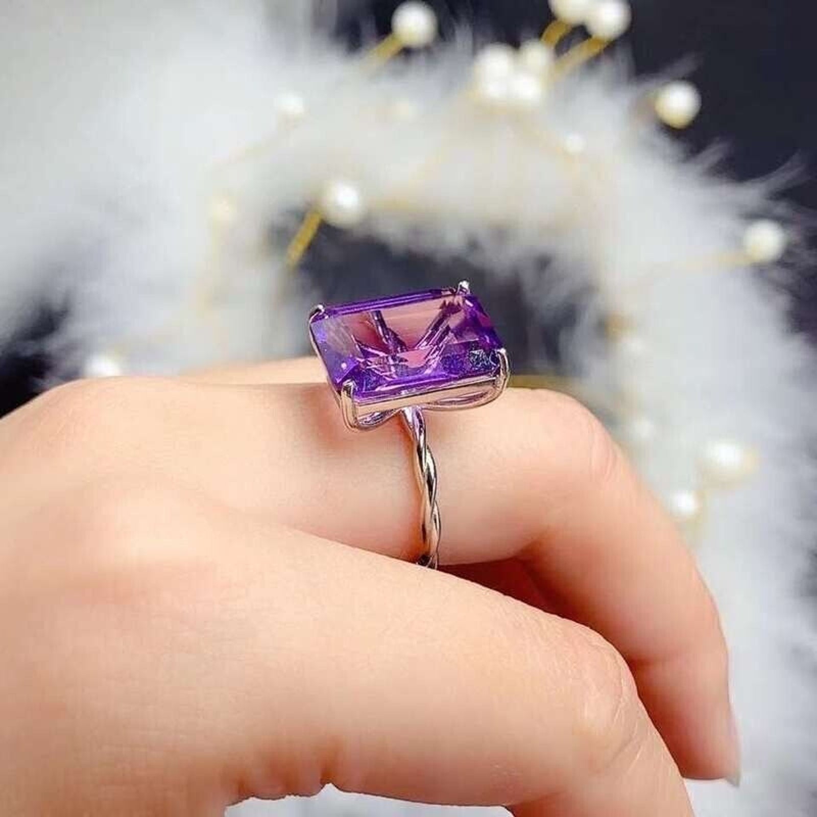 12x16mm Amethyst Statement Ring 925 Sterling Silver, Large Purple Amethyst Ring