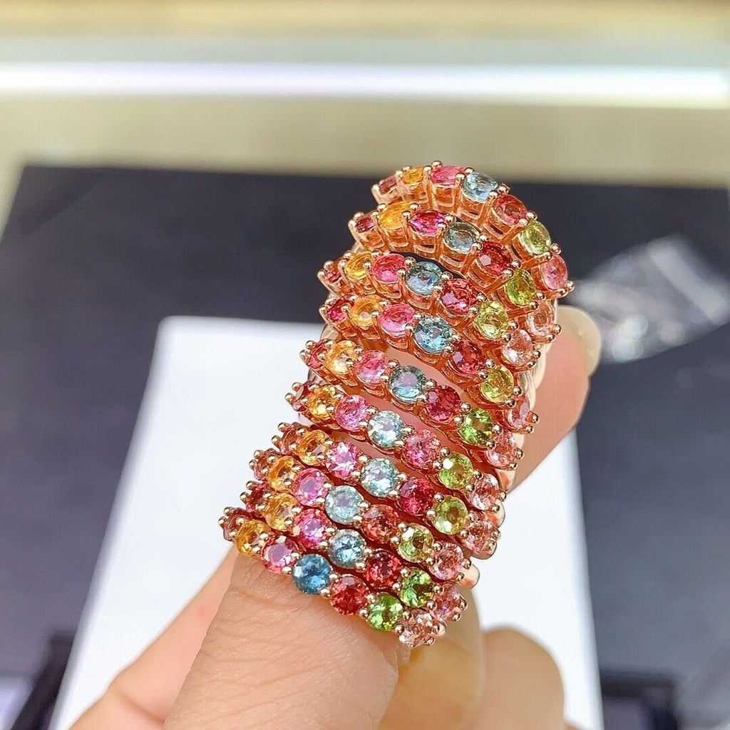 Natural Tourmaline Gemstone Band Ring, Women's Multicolor Tourmaline Band Ring