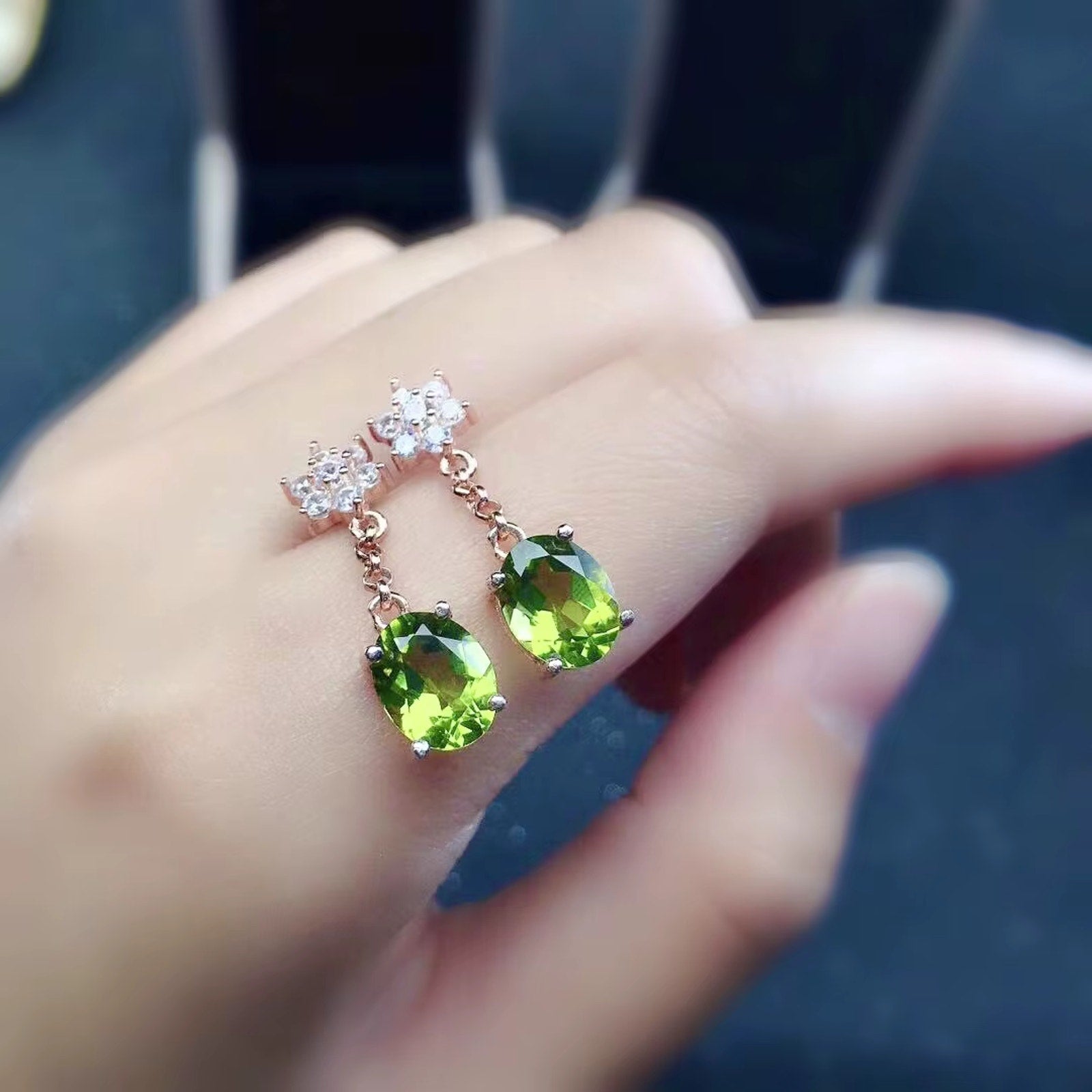 Natural Peridot Drop Dangle Earrings 925 Sterling Silver 6x8mm