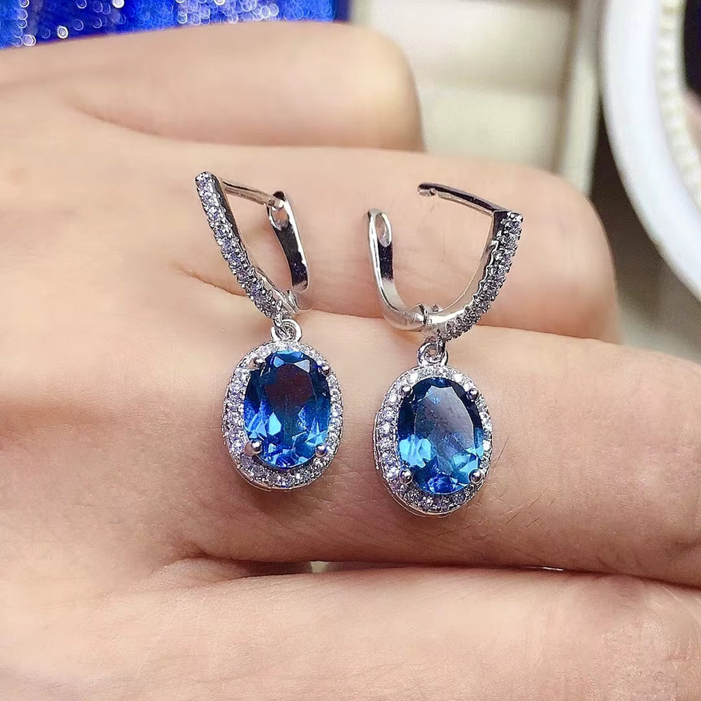 Natural London Blue Topaz Dangle Earrings 925 Sterling Silver 6x8mm