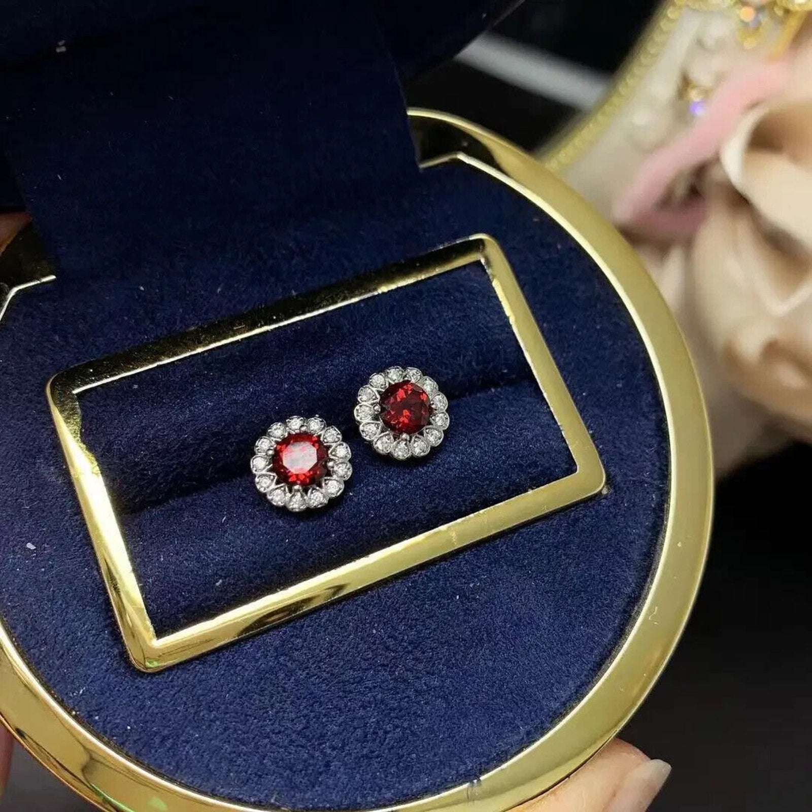 Round Garnet Cluster Earrings Round 5mm Platinum Plated