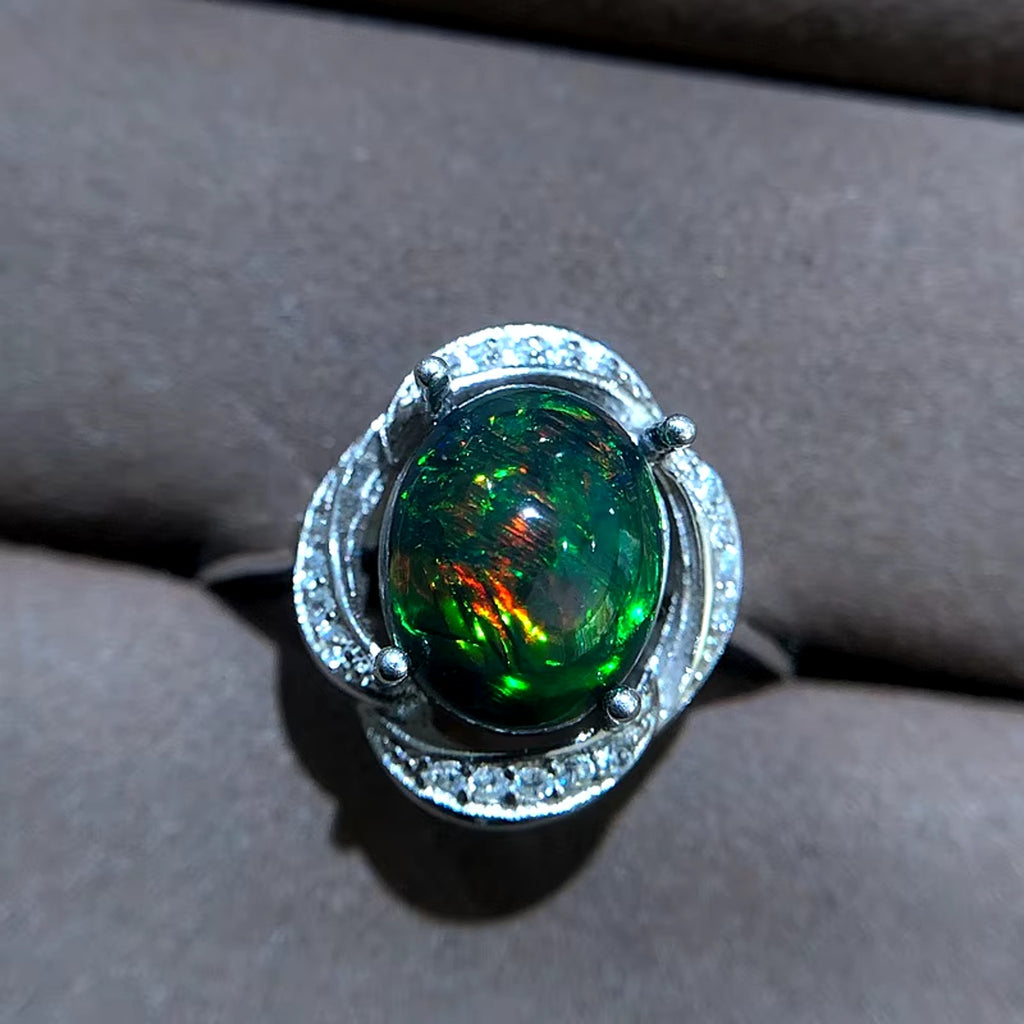 Black Fire Opal Ring, Australian Fire Opal Statement Ring Sterling Silver 8x10mm