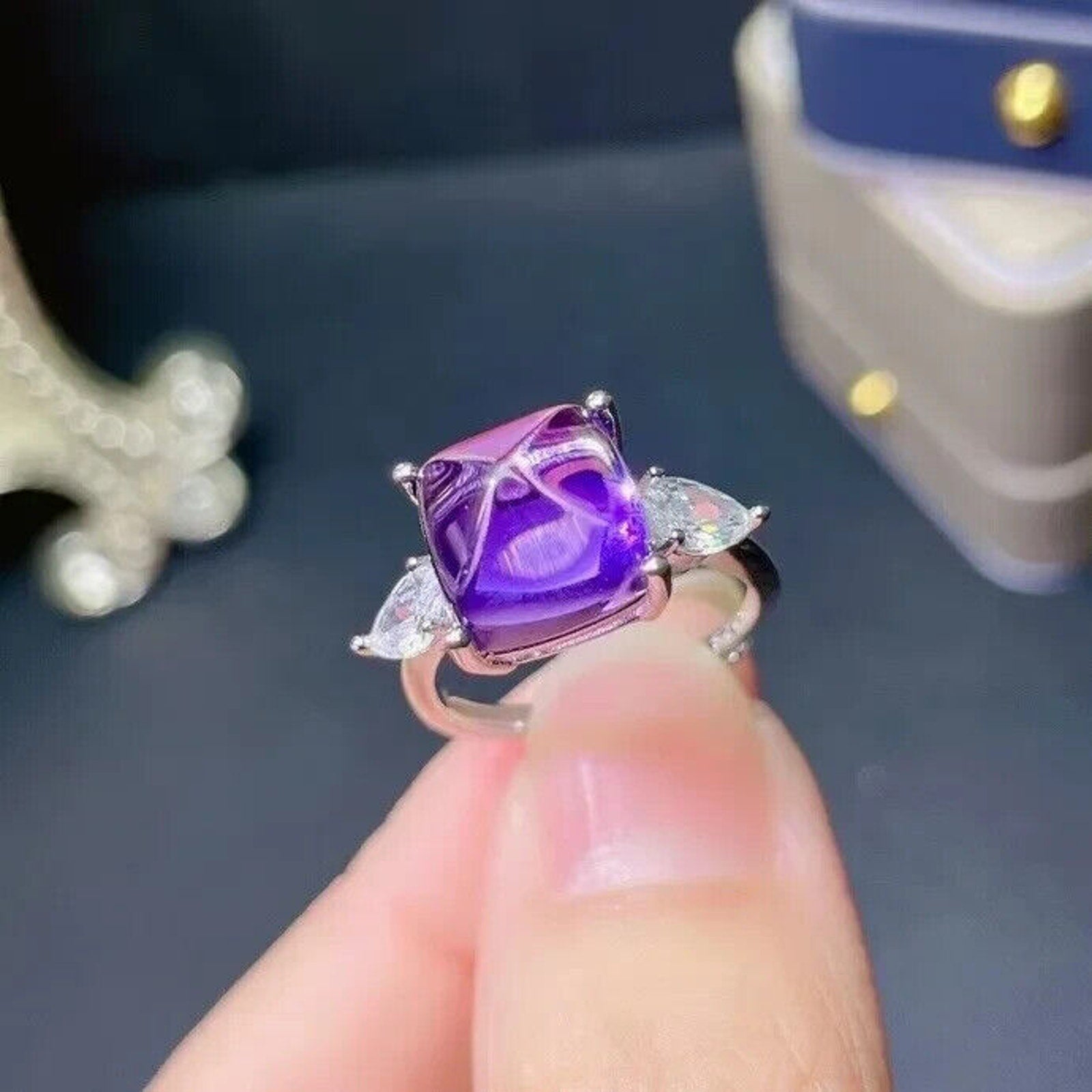 Natural Sugarloaf Cut Purple Amethyst Gemstone Ring, Amethyst Sugarloaf Ring