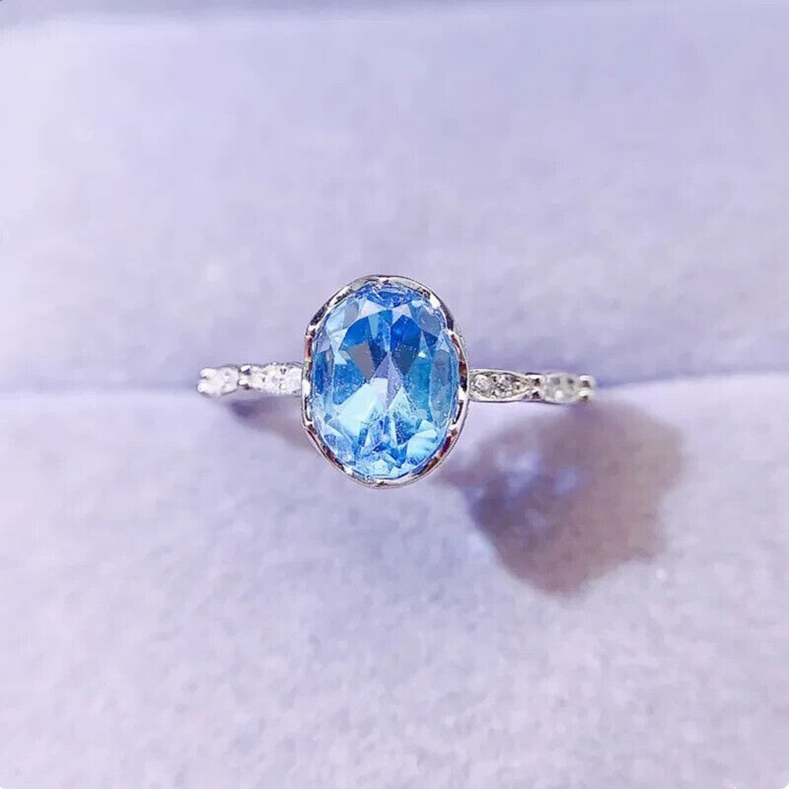 Swiss Blue Topaz Gemstone Ring, Natural Blue Topaz Ring 6x8mm 1.6CT 925 Sterling