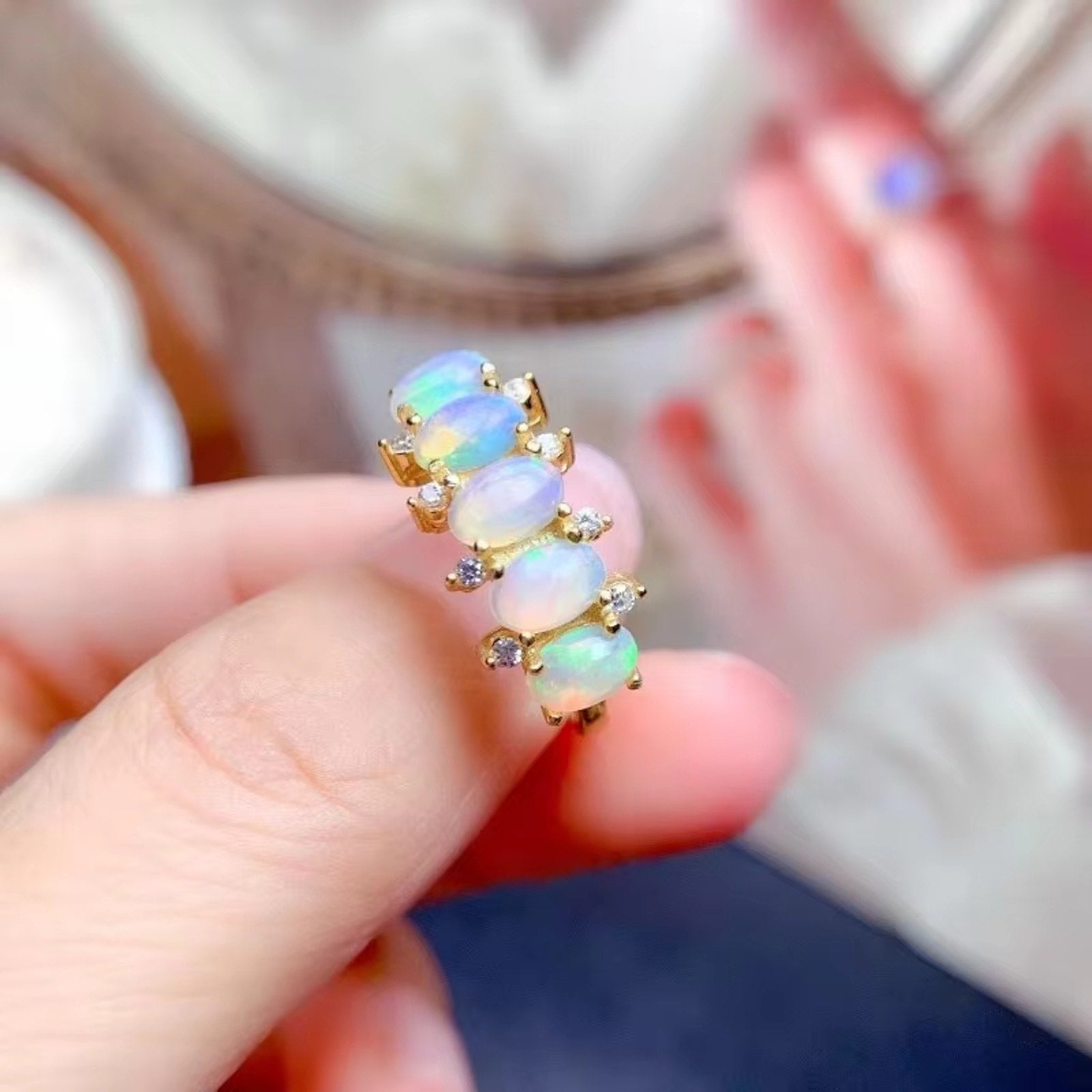 Natural Fire Opal Gemstone with 925 Sterling Silver Band Ring For Women