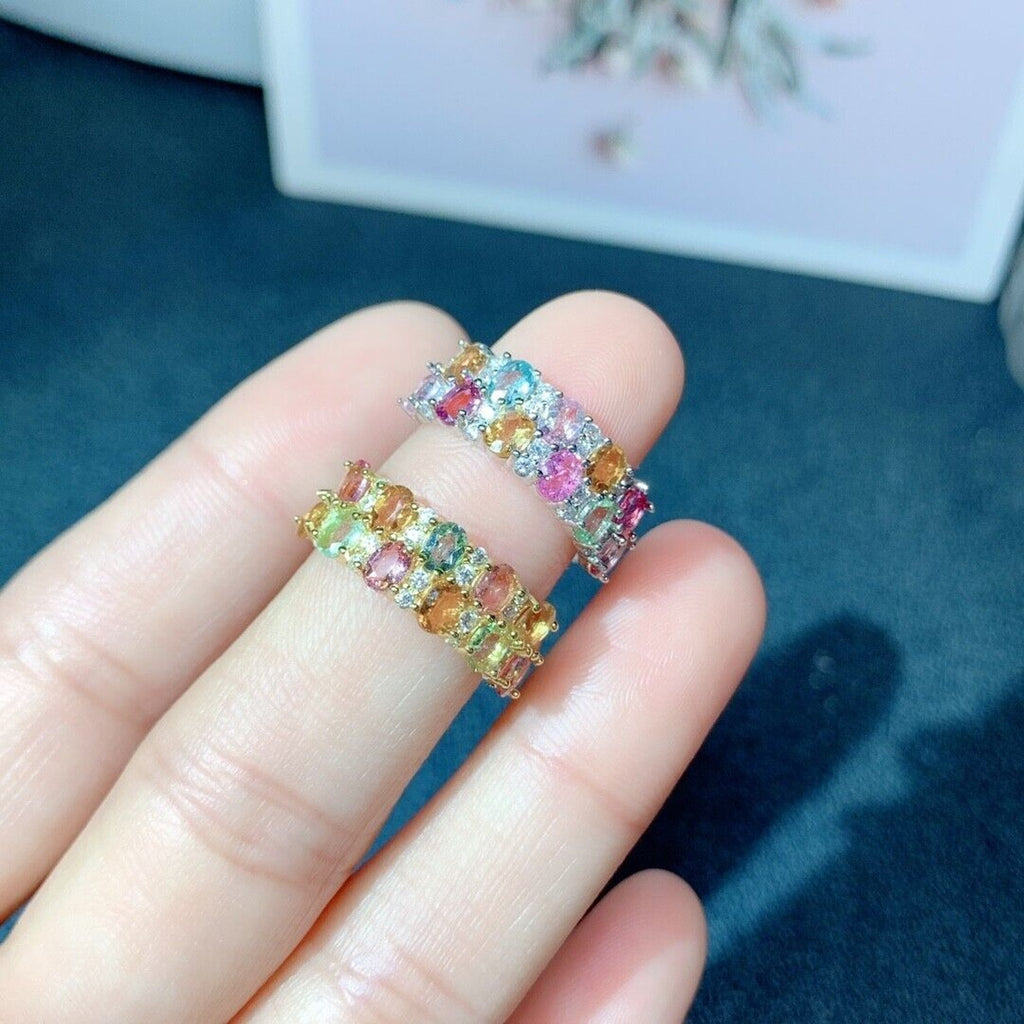 Double Layer Tourmaline Gemstone Band Ring, Women's Natural Tourmaline Rings