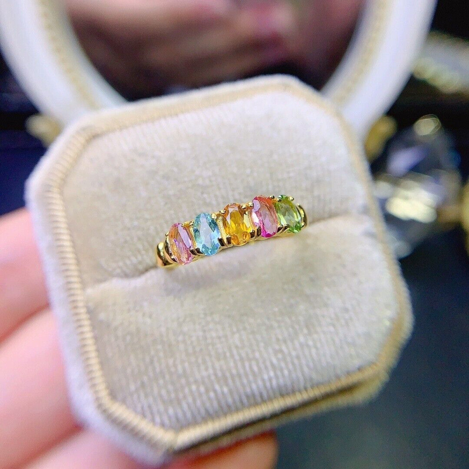 Multicolor Tourmaline Gemstone Band Ring, Natural Tourmaline Band Ring