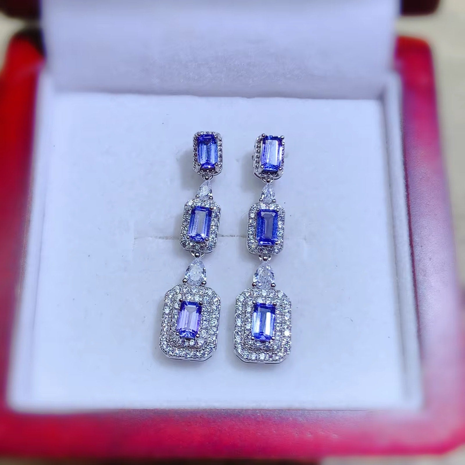 Emerald Cut Purple Tanzanite Drop Dangle Earrings, VVS Grade Tanzanite Earrings