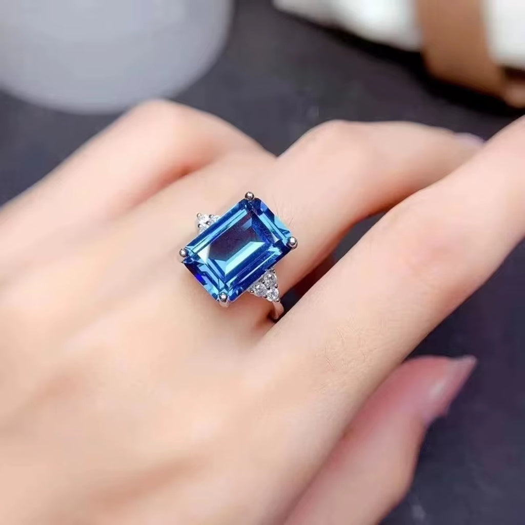 Emerald Cut London Blue Topaz Ring 925 Sterling Silver, Blue Topaz 10x14mm