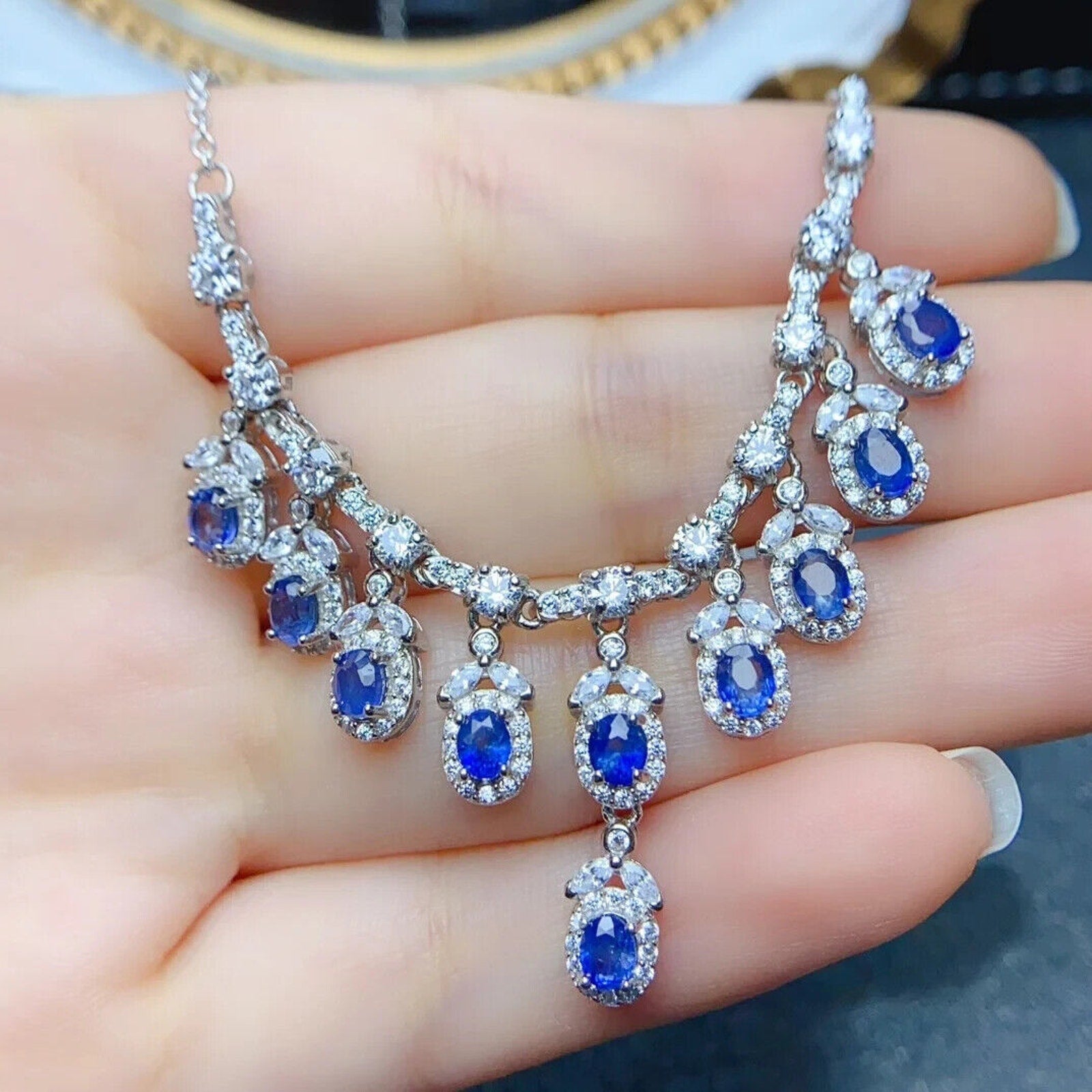 Natural Sapphire Dangle Necklace – 925 Sterling Silver | 3x4mm Charm Necklace