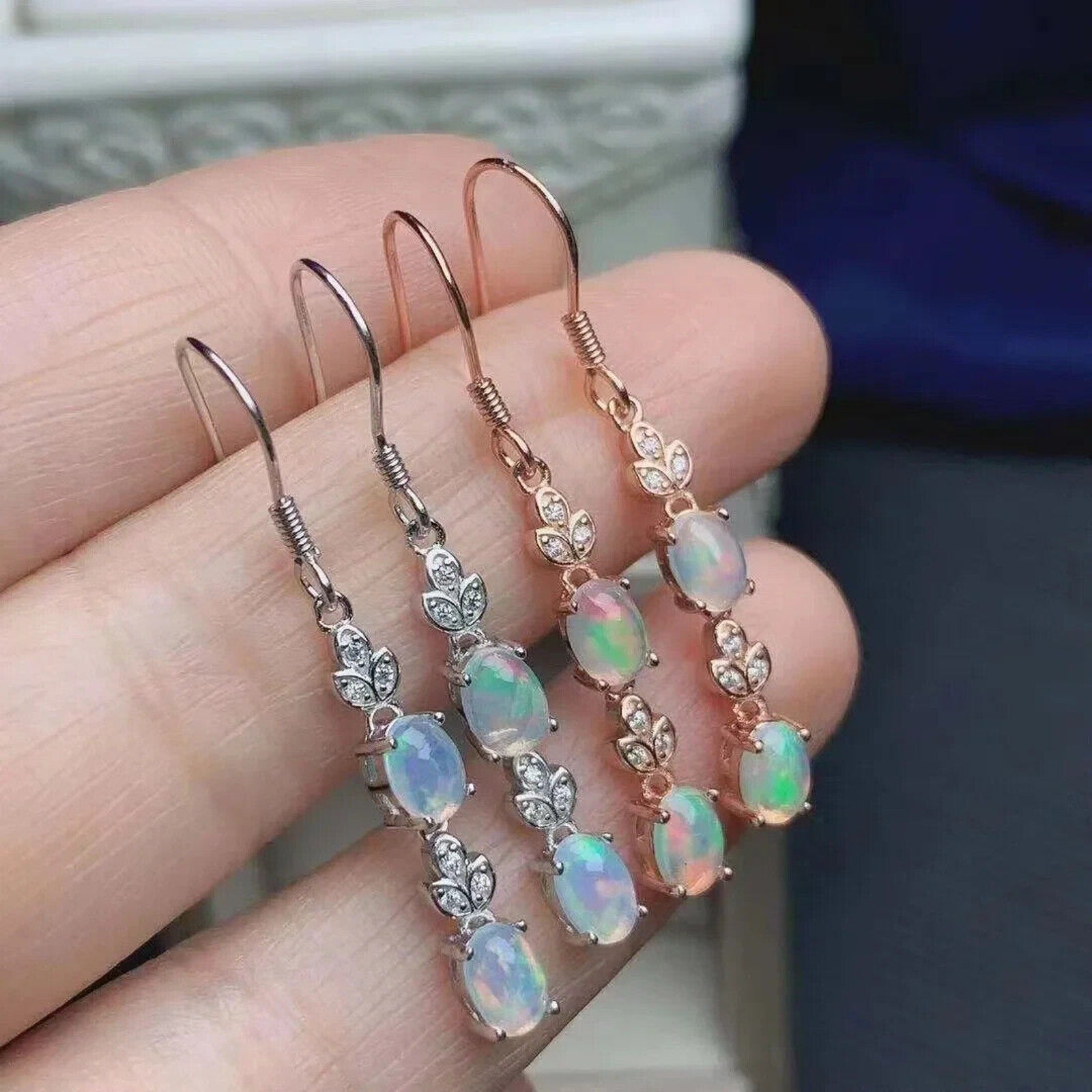 Natural Fire Opal Dangle Earrings, Colorful Fire Opal Earrings 4x6mm Sterling