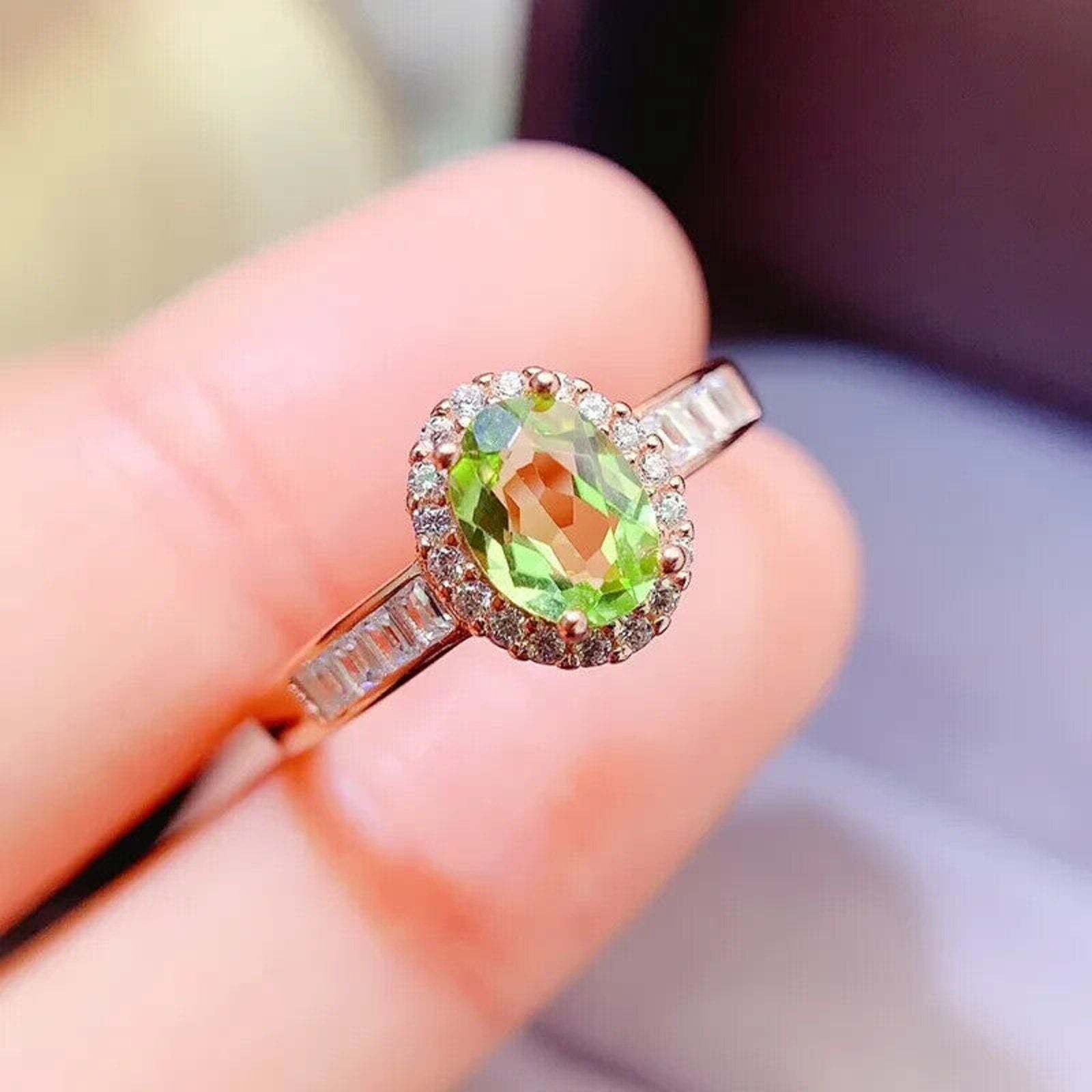 Natural Peridot Gemstone Ring 5x7mm, August Birthstone Peridot Ring