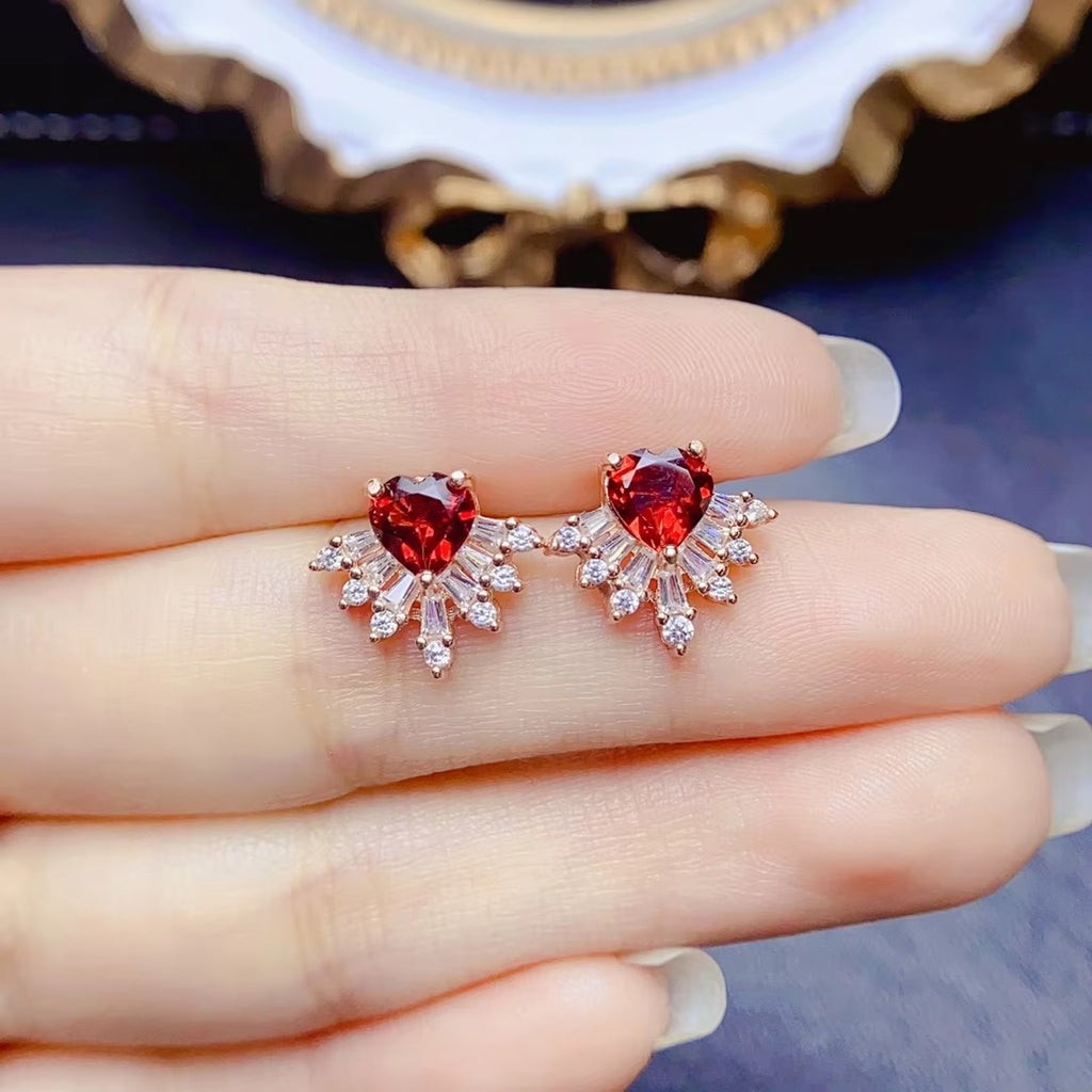 Red Garnet Heart Earrings, Garnet Earrings 925 Sterling Silver, Heart Earrings