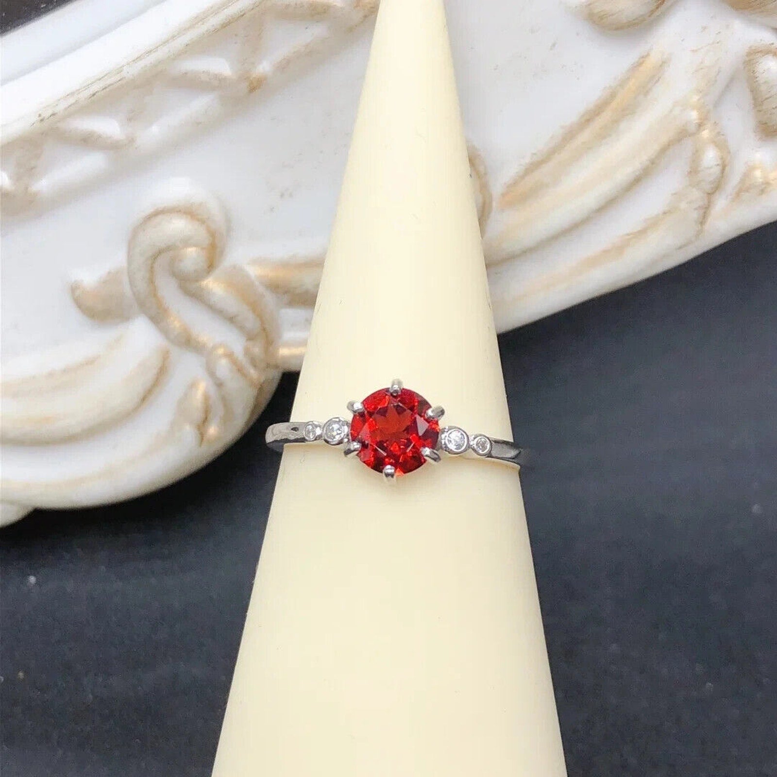 Red Garnet Round Cut Cocktail Ring 6x6mm 925 Sterling Silver Platinum Plated