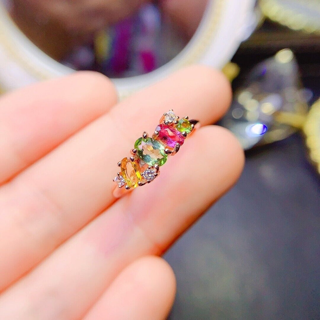 Natural Tourmaline Cluster Band Ring, Multicolor Tourmaline Sterling Silver Ring