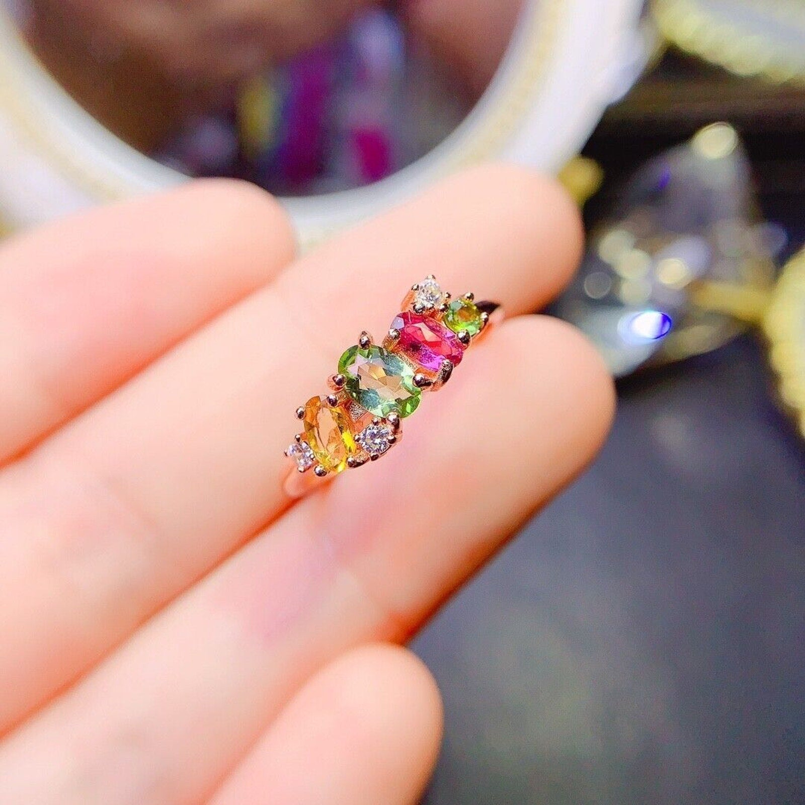 Natural Tourmaline Cluster Band Ring, Multicolor Tourmaline Sterling Silver Ring