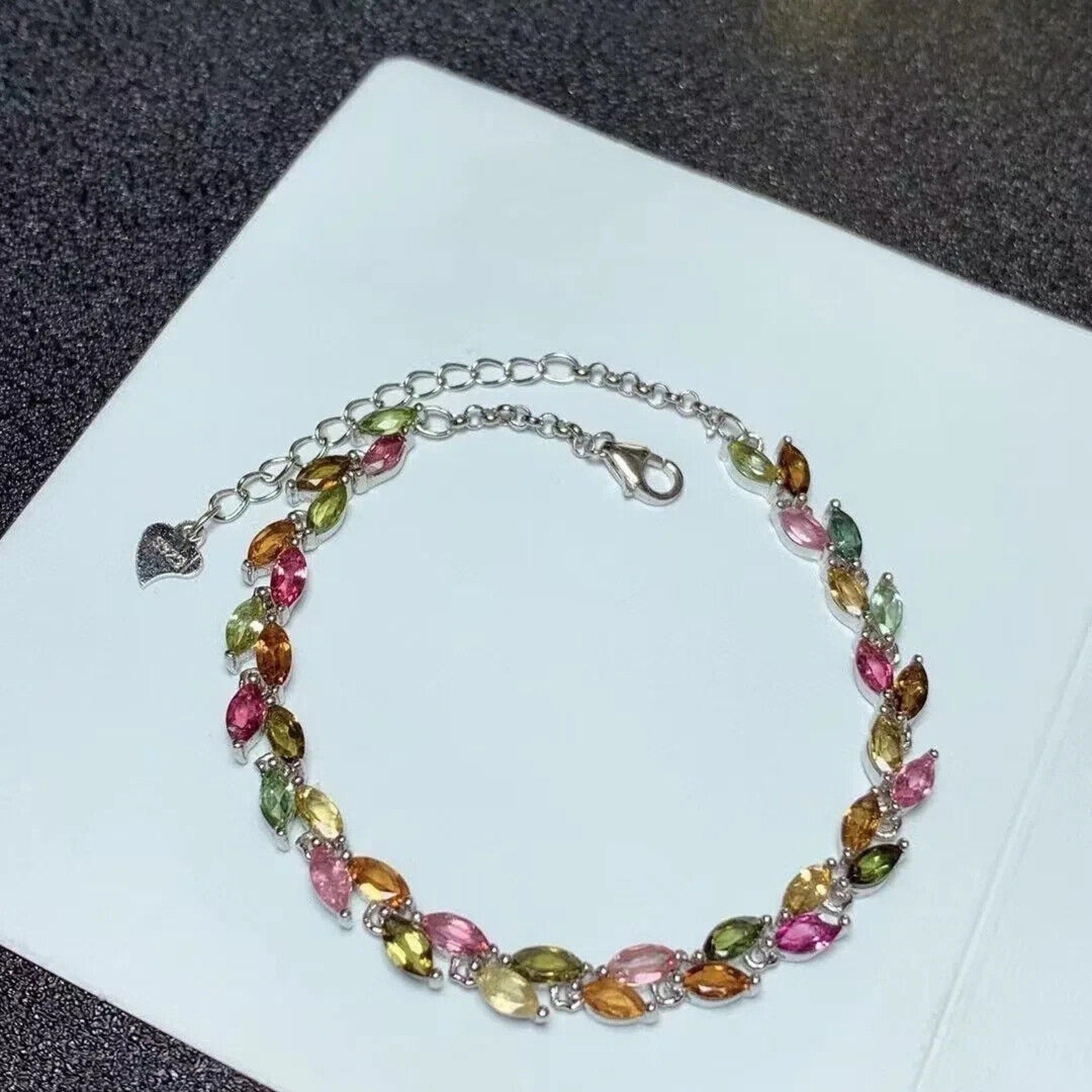 Colorful Tourmaline Gemstone Leaf Bracelet, Dainty Natural Tourmaline Bracelet