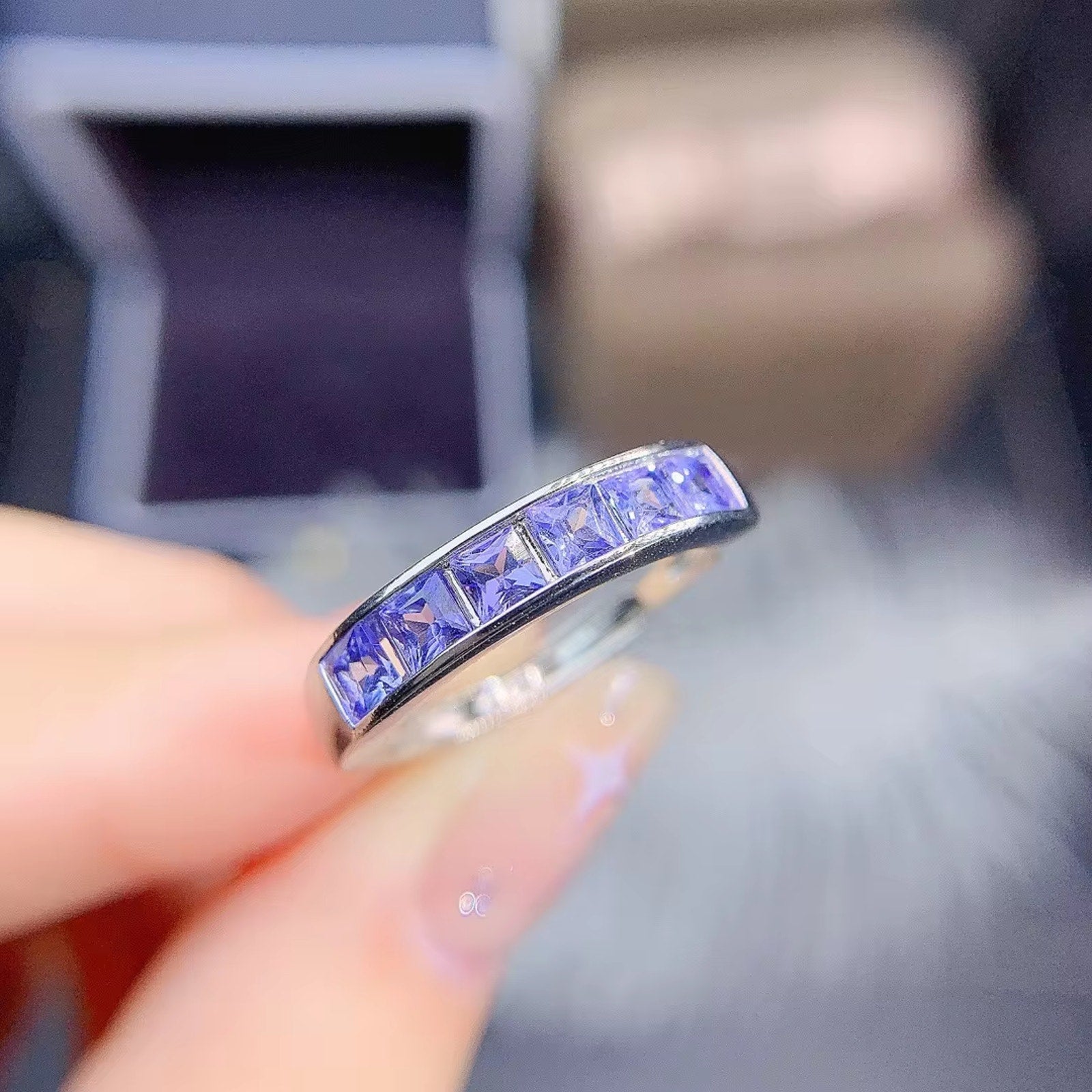 Tanzanite Ring, Natural Purple Tanzanite Band Ring Sterling Silver 3mm