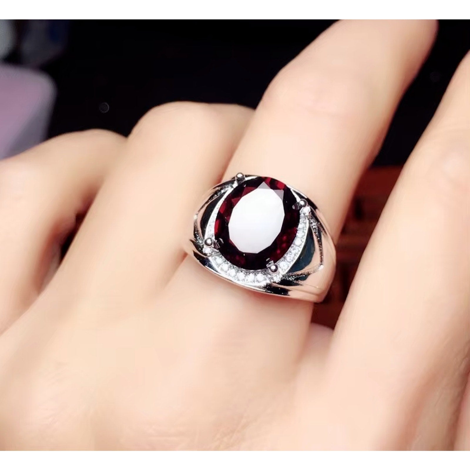 4CT Mens Garnet Ring 925 Sterling Silver 9x11mm, Red Garnet Ring For Men