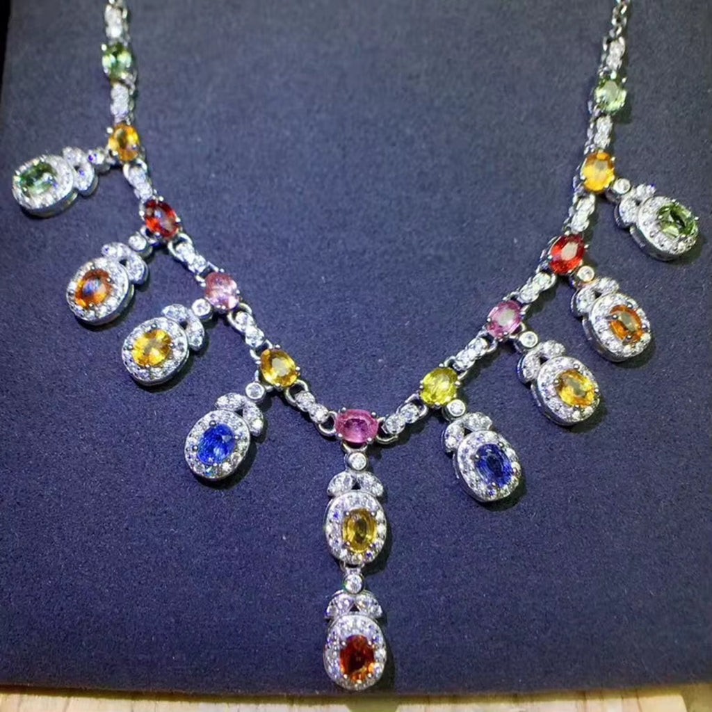 Multicolor Sapphire Gemstone Clavicle Necklace 3x4mm 925 Sterling Silver