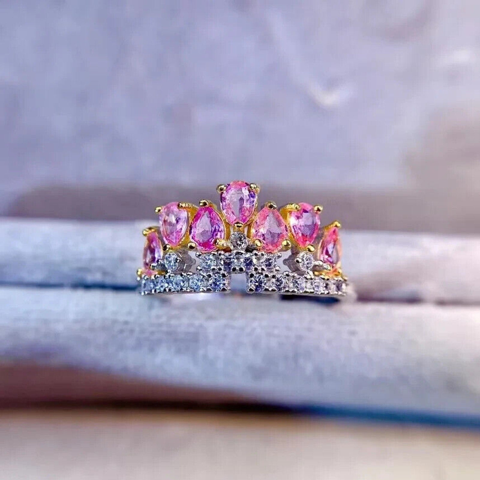 Natural Pink Sapphire Crown Ring, Sapphire Ring 18k White Gold Plated