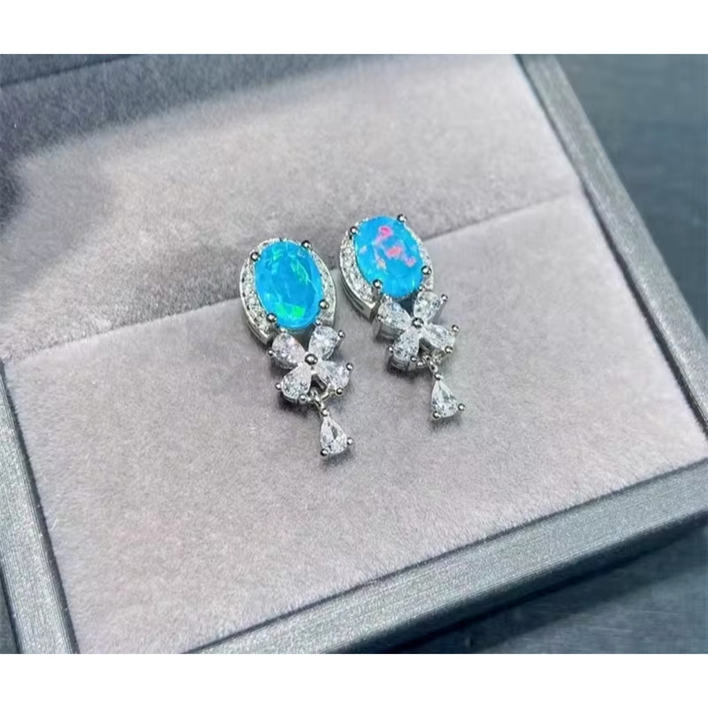 Blue Opal Banquet Stud Earrings, Natural Blue Fire Opal Stud Earrings 5x7mm