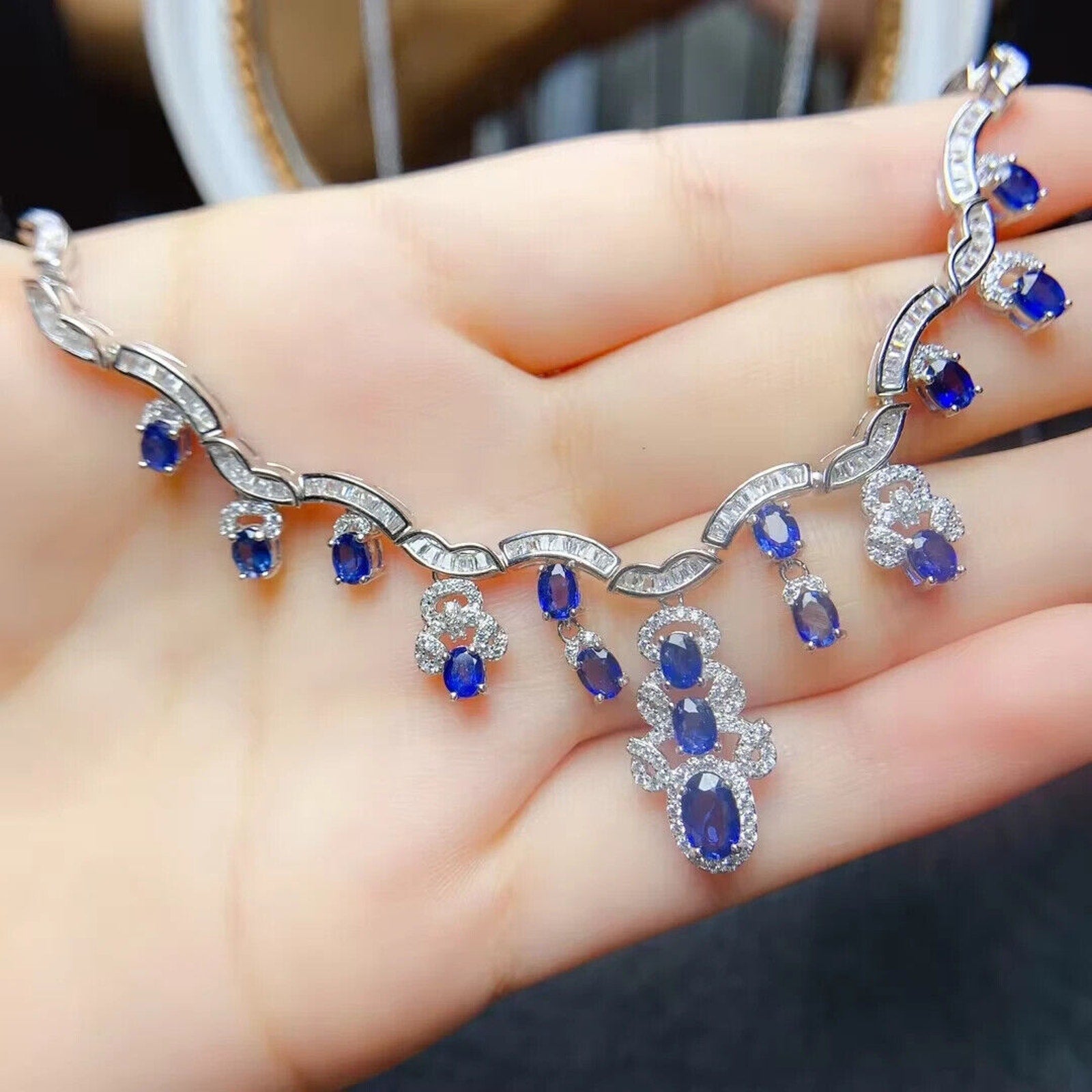 Bright Blue Sapphire Statement Necklace, Natural Sapphire Bib Necklace 925 Silver