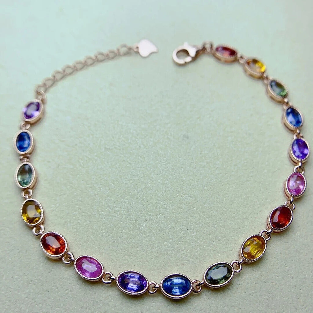 Colorful Sapphire Gemstone Tennis Bracelet, Natural Sapphire Bracelet Silver