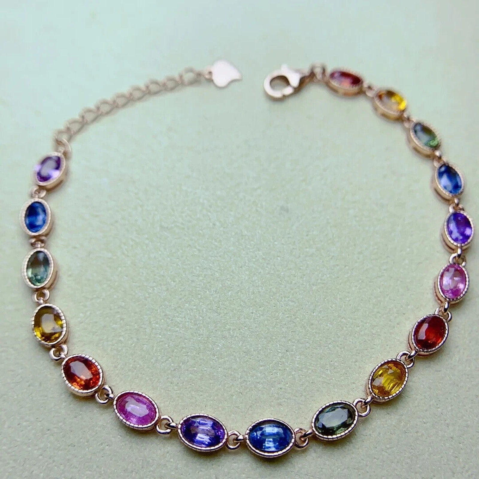 Colorful Sapphire Gemstone Tennis Bracelet, Natural Sapphire Bracelet Silver