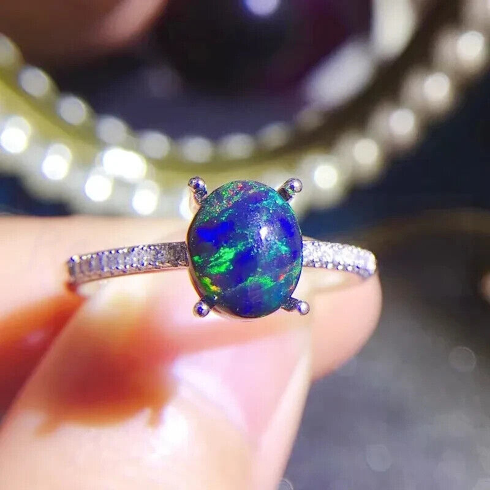 Black Fire Opal Cocktail Ring 6x8mm, Natural Fire Opal Ring 925 Sterling