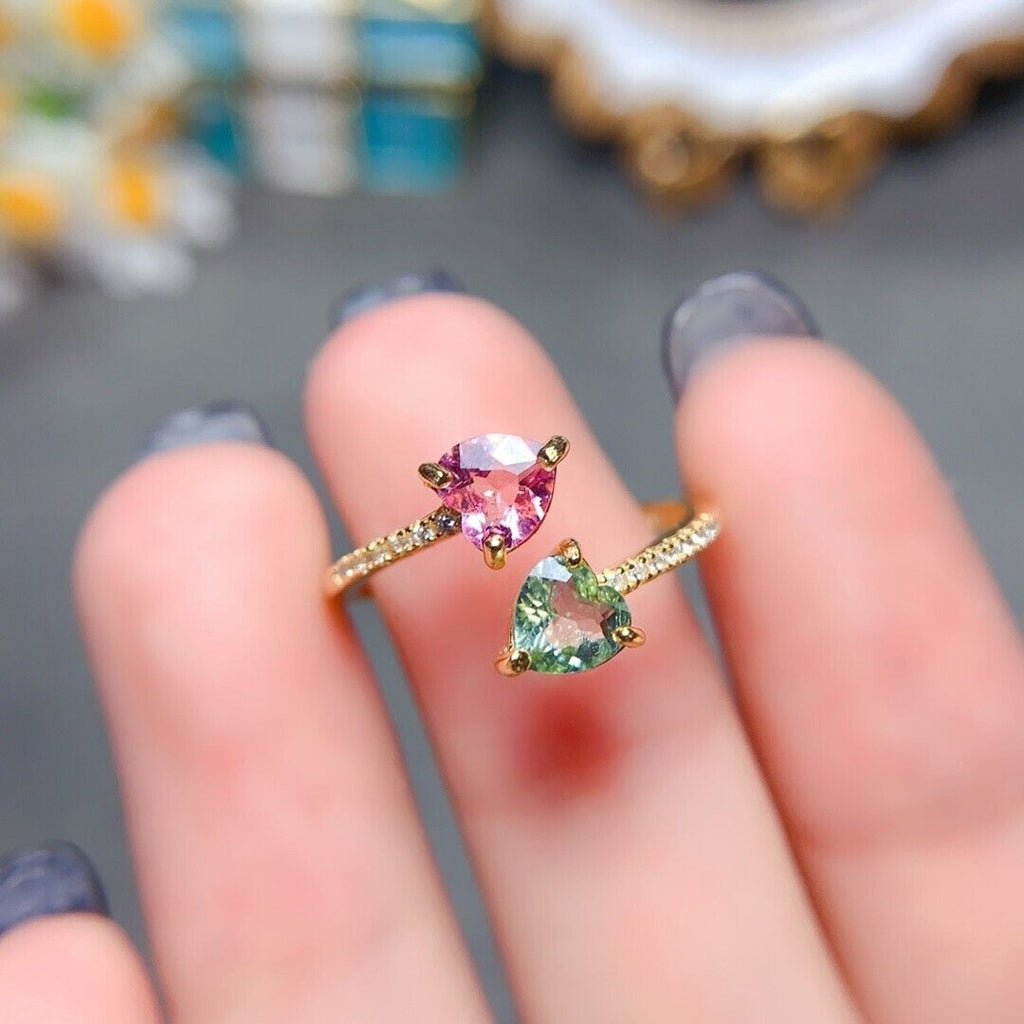 Tourmaline Dainty Heart Ring, Two Stone Colorful Tourmaline Gemstone Ring
