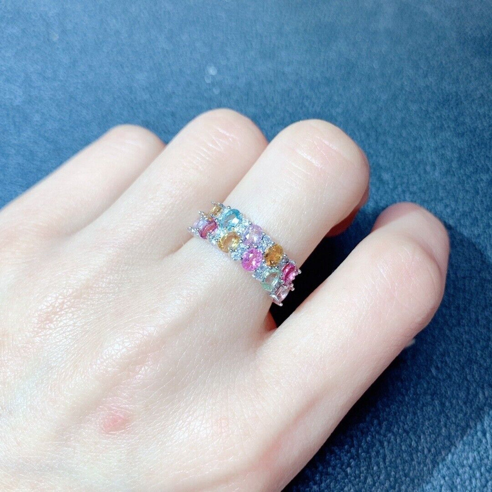 Double Layer Tourmaline Gemstone Band Ring, Women's Natural Tourmaline Rings